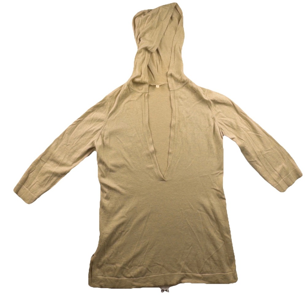 Eileen Fisher Organic Cotton Cashmere Hooded V-Neck Tunic Sweater Tan Small